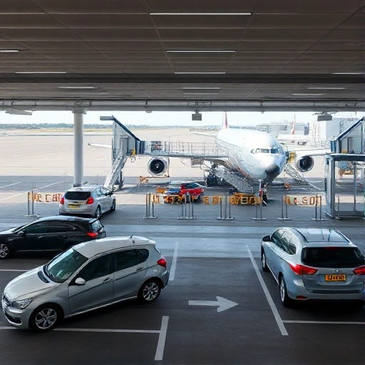 A modern airport parking area with clear signage, vehicles parked in designated zones, and a baggage handling system visible in the background with conveyor belts and luggage carts moving between terminals and aircraft