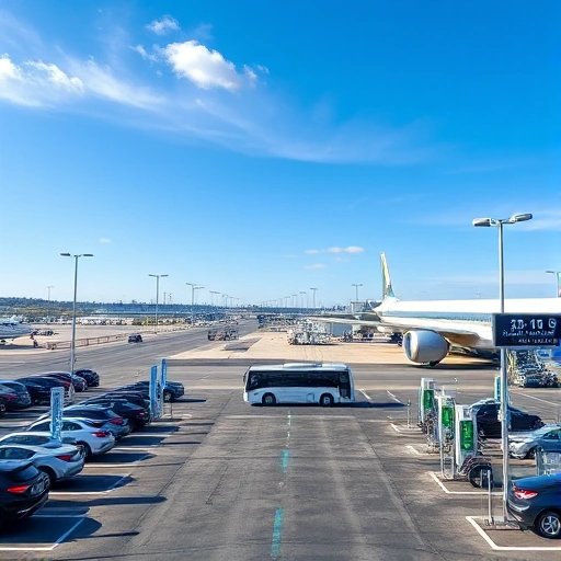 A clean, modern airport parking lot with clear signage, electric vehicle charging stations, and a shuttle bus arriving at a terminal in the background, under a bright blue sky with minimal clouds, showing organized rows of parked cars and a digital display showing real-time availability