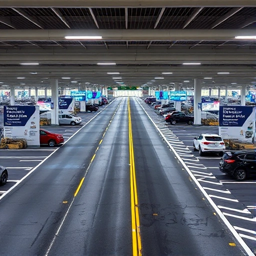 A modern airport parking area with clearly marked express parking lanes, vehicles entering and exiting efficiently, digital signage showing real-time availability, well-lit and organized layout, clean asphalt, minimal traffic congestion, professional atmosphere, no pedestrians in vehicle lanes, no clutter or debris