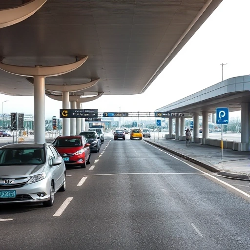 A modern airport drop-off zone with a covered canopy structure, vehicles briefly stopping for passenger drop-off, clear signage for parking and traffic flow, well-lit during daytime, clean asphalt surface, minimal pedestrians, no text or letters visible on signs or vehicles, no advertisements, no license plates, no people faces, no clutter, realistic photographic style