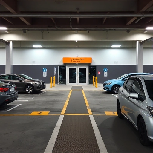A clear, well-lit view of the closest parking area to an airport terminal entrance, showing designated parking spaces, directional signs, and a short walkway leading directly to the terminal doors, with modern vehicles parked neatly and no people visible