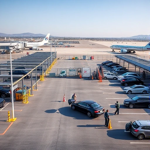 A secure parking facility near an airport, showing well-lit parking rows with surveillance cameras, fenced perimeter with access control gates, security patrol vehicles, and travelers loading luggage into cars, all under a clear daytime sky with airport terminals visible in the distant background