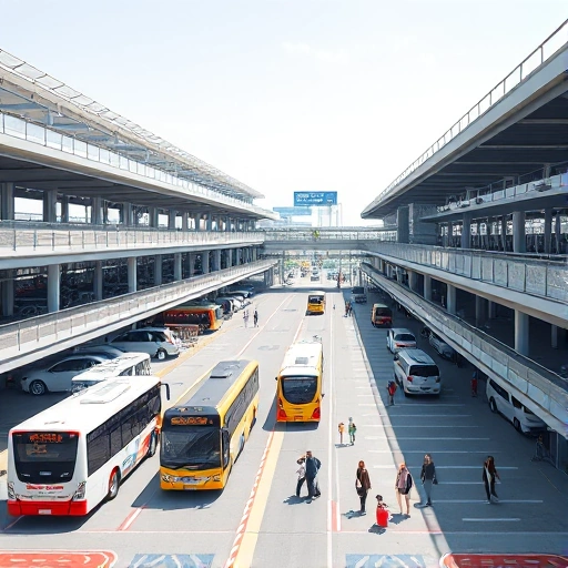 A modern airport parking area with multiple levels, clear signage for free shuttle services, buses arriving and departing, travelers with luggage walking toward shuttle stops, well-lit and organized layout, daytime with clear sky, realistic but clean visual style