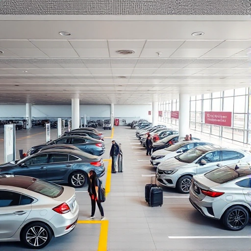 A modern airport parking area with express check-in counters, sleek vehicles parked in designated zones, clear signage for express check-in, travelers with luggage approaching the counters, bright daylight, clean architectural design, minimalistic style, no text or letters visible in the scene
