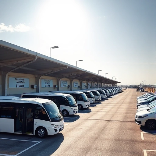 A modern airport parking facility with clear signage showing competitive pricing, sleek electric shuttle buses, and well-lit, organized parking rows under a bright daytime sky, emphasizing convenience and affordability