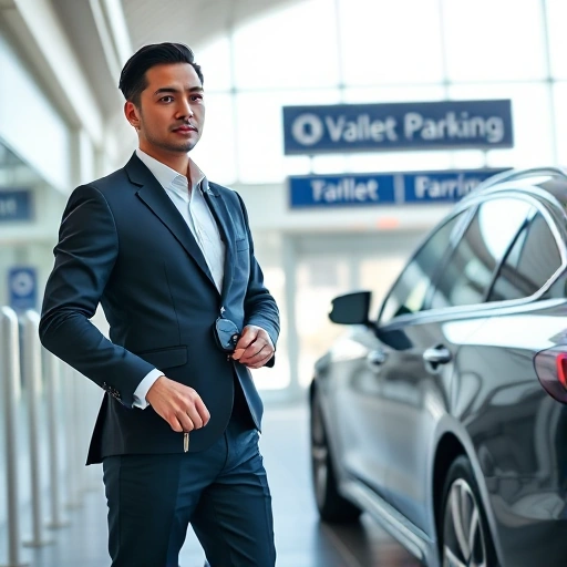 A professional valet attendant in a crisp uniform holding car keys, standing beside a luxury vehicle at a modern airport terminal entrance with clear signage for 'Valet Parking', soft daylight, clean and organized environment, high detail, realistic photography style