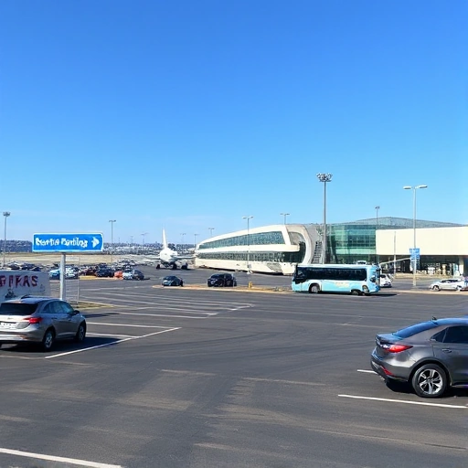 A modern airport parking lot with clear signage indicating 'Short-term Parking', cars parked in designated spaces, a shuttle bus nearby, and a terminal building visible in the background under a clear sky