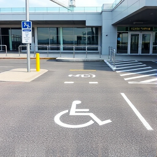 A clear, well-lit accessible parking space near an airport terminal, marked with the international symbol of accessibility (wheelchair icon) on the pavement, adjacent to a curb ramp, with a visible sign indicating 'Accessible Parking' and proximity to the terminal entrance, modern airport architecture in the background, no vehicles occupying the space, daytime, realistic photography style