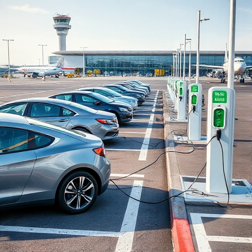 A modern airport parking area with electric vehicles charging at dedicated charging stations, clear signage for electric vehicle charging, sleek electric cars plugged in, well-lit environment, clean asphalt, minimal traffic, contemporary airport architecture in the background, daytime, realistic photography style