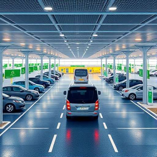 A modern airport parking facility with clear signage, well-lit lanes, electric vehicle charging stations, and a shuttle bus arriving at a terminal entrance, all rendered in a clean, professional, high-detail style