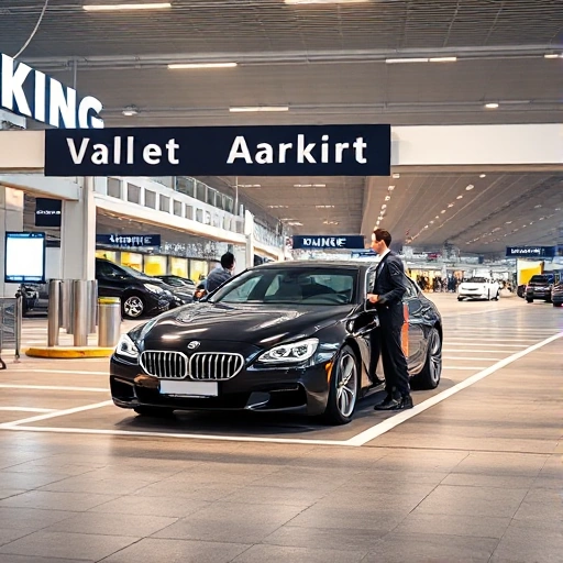 A modern airport valet parking service area with a sleek black luxury car being handed over to a uniformed valet attendant in a professional setting, featuring clear signage reading 'Valet Parking', airport terminal architecture in the background, well-lit pavement, and organized vehicle flow, all in a clean, high-detail realistic style