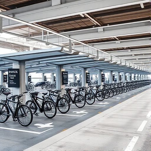 A modern airport parking area with covered bike storage facilities, featuring sleek metal canopies over rows of bicycles, clear signage for bike parking, adjacent to vehicle parking lanes, well-lit, clean pavement, minimalist design, no people visible, no text or letters on signs or surfaces