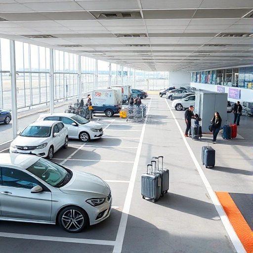 A modern airport parking area with cars parked in designated spaces, a baggage check counter nearby with staff assisting travelers, luggage carts and suitcases visible, clear signage for parking and baggage drop-off, bright daylight, clean and organized scene