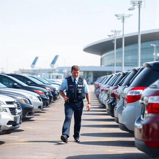 A security guard in uniform patrolling an airport parking lot during daytime, walking between rows of parked cars, with airport terminals visible in the background, clear sky, modern surveillance cameras on light poles, realistic lighting and details