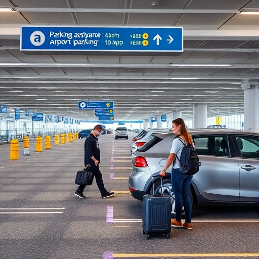 A modern airport parking area with clear signage, designated spaces for vehicles, and a helpful staff member assisting a traveler with luggage near a car, daytime setting, clean and organized environment