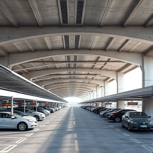 A modern covered parking structure at an airport, with sleek concrete and steel design, multiple levels of shaded parking bays under a continuous canopy, clear signage for entrances and exits, a few parked cars including sedans and SUVs, soft daylight with gentle shadows, clean lines, minimalistic architecture, no people visible, no text or logos on signs or vehicles, realistic but slightly idealized rendering