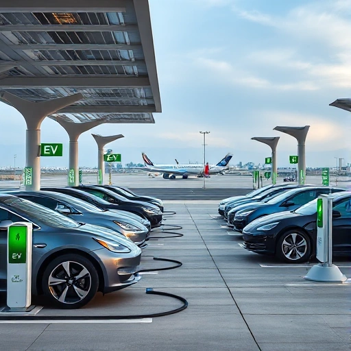 A modern airport parking area with electric car charging stations, featuring sleek electric vehicles plugged into charging points under a canopy with solar panels, clear signage for EV charging, well-lit pavement, distant airport terminals and aircraft on the tarmac, daytime with soft natural lighting, realistic details, no text or letters visible