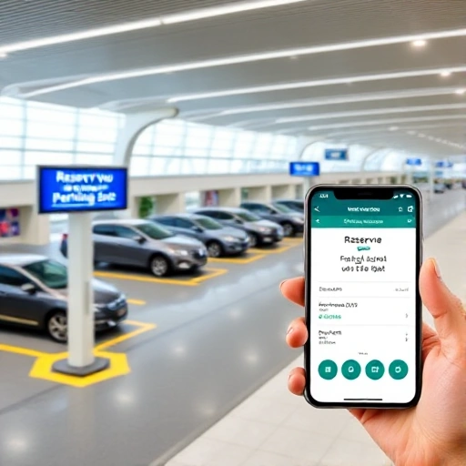 A modern airport terminal with a clear sign showing 'Reserve Your Parking Spot' and a digital display indicating available parking spaces, cars parked neatly in designated zones, and a mobile app interface on a smartphone showing the reservation confirmation, all in a clean, well-lit, professional environment