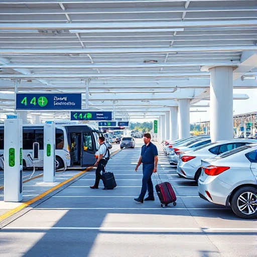 A modern airport parking area with clear signage, electric vehicle charging stations, and staff assisting travelers with luggage near a shuttle bus, daytime, clean and organized environment