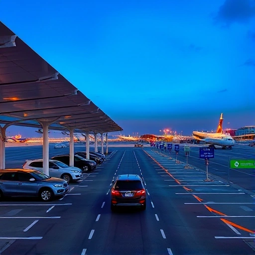 A modern airport parking area with covered pick-up zones, featuring sleek canopies over designated vehicle lanes, clear signage for arrivals, well-lit pathways, and vehicles waiting under shade, with distant airport terminals and runway lights visible in the background, daytime, clean urban design, no people visible
