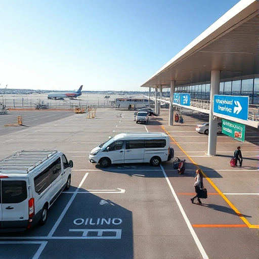 A modern airport parking area with multiple shuttle vans parked in designated lanes, travelers loading luggage, clear signage for shuttle services, well-lit pavement, distant airport terminals visible under a bright sky, realistic daytime scene