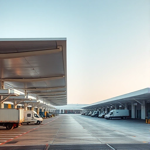 A modern airport parking area with covered loading zones, featuring sleek canopies over designated loading bays, trucks and cargo vehicles parked underneath, clear signage, paved surfaces, ambient daylight, minimalist design, no people visible, no text or letters on signs or surfaces