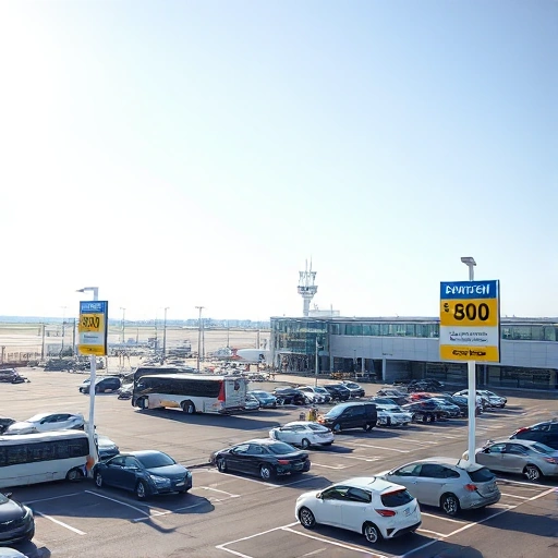 A modern airport parking lot with clear signage showing discounted rates, cars parked in organized rows, a shuttle bus nearby, and a terminal building visible in the background under a bright daytime sky