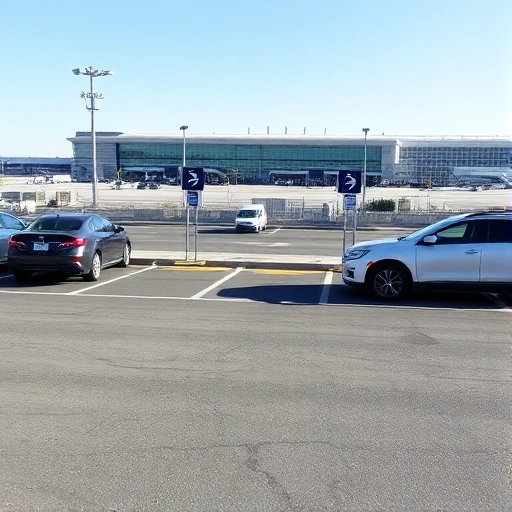 A clear, high-quality image showing the closest available parking area to an airport terminal, with visible parking spaces, directional signs indicating proximity to the terminal, and a modern airport building in the background under a bright sky. No vehicles are parked in the immediate foreground to emphasize availability, and the scene conveys convenience and accessibility.