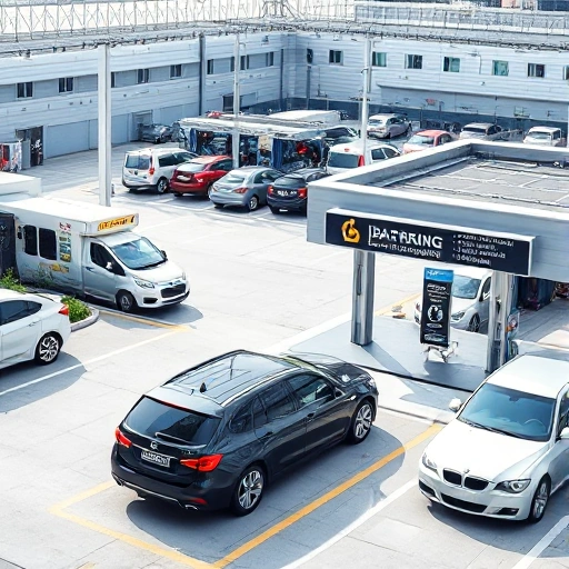 A modern airport parking area with multiple cars parked, a service station nearby offering car maintenance such as tire changing, oil check, and washing, clear signage for parking and services, well-lit environment, daytime, realistic details, no people visible