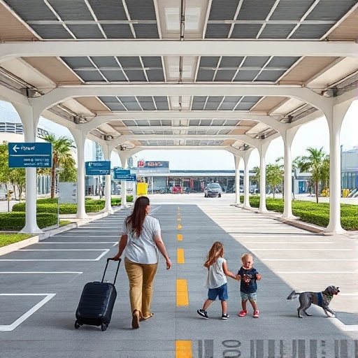A family-friendly airport parking area with clear signage, spacious parking spots, a shuttle bus stop, and a covered walkway leading to the terminal. Include a family with two children and luggage, a stroller, and a service dog. Show modern, clean architecture with green landscaping and solar panels on the canopy. No vehicles in motion, no crowds, no advertisements, no text or logos visible.
