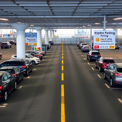A modern airport parking facility with clear signage for express parking options, showing cars parked in designated express lanes near terminal entrances, well-lit, clean asphalt, minimal traffic, daytime, no people visible, focus on infrastructure and signage