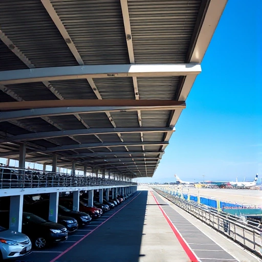 A modern covered parking structure with multiple levels, designed for long-term airport stays, featuring sleek metal canopies, clear signage indicating 'Long-Term Parking', rows of parked cars under shade, well-lit pathways, and distant airport terminals visible in the background under a clear blue sky.