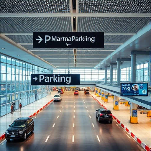 A modern airport terminal with clear signage pointing to a nearby parking garage, showing a smooth flow of vehicles entering the parking area, well-lit lanes, and digital displays showing real-time parking availability, all in a clean, efficient, and traveler-friendly environment