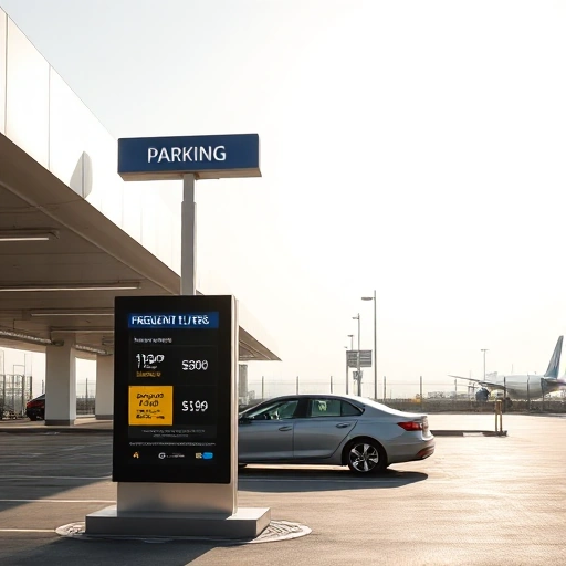 A modern airport parking area with clear signage showing discounted rates for frequent flyers, featuring a sleek digital display board with promotional offers, a few cars parked in designated spots, and a subtle airport terminal silhouette in the background under a bright daytime sky