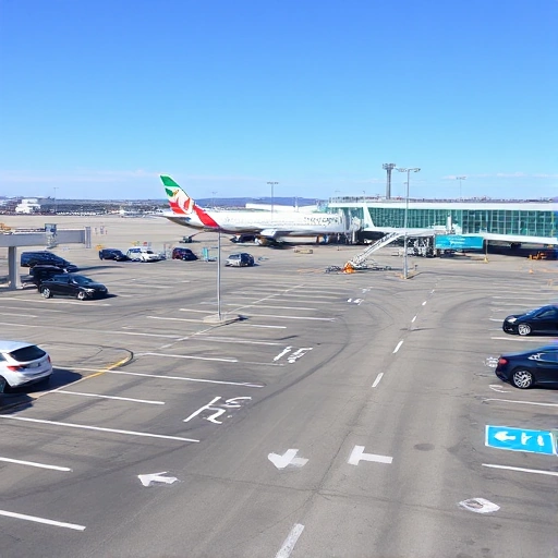 A modern airport parking lot with clearly marked short-term parking spaces, cars parked in designated areas, airport terminal buildings visible in the background, directional signage for short-term parking, well-lit and organized layout, daytime setting with clear skies
