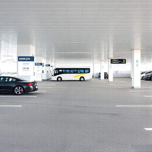 A clean, modern airport parking lot with clear signage, well-marked spaces, and a few cars parked neatly. Include a digital display showing available spots and a shuttle bus in the background. The scene is bright, organized, and user-friendly, emphasizing simplicity and ease of use.