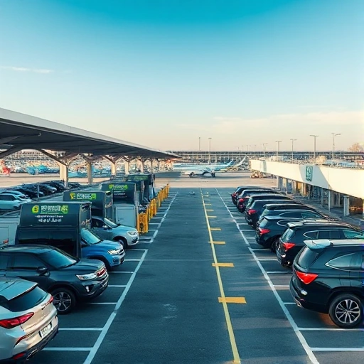 A modern airport parking area with car care services, including a car wash station, tire inflation, and detailing bays, surrounded by parked vehicles, clear signage, and well-lit pathways under a bright daytime sky, realistic urban infrastructure, no people visible