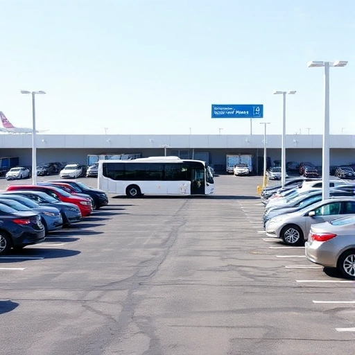 A modern airport parking lot with rows of cars parked in designated long-term spaces, clear signage indicating 'Discounted Long-Term Parking', a shuttle bus arriving to transport passengers to terminals, bright daylight, clean asphalt, well-lit, no people visible in foreground, focus on vehicles and infrastructure