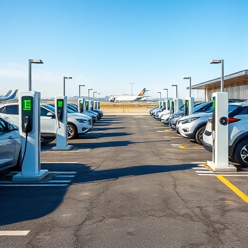 A modern airport parking area with electric vehicle charging stations installed in designated spots, featuring sleek charging units with cables connected to parked electric cars, clear signage indicating EV charging zones, well-lit asphalt surface, distant airport terminal buildings in the background under a clear sky, no people visible, realistic photographic style