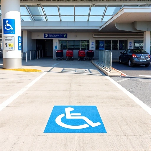 A clear, well-lit accessible parking space near an airport terminal, marked with the international symbol of accessibility (blue and white wheelchair icon), wide striped access aisle, smooth pavement, and nearby curb ramp leading to a covered walkway, with airport signage and luggage carts visible in the background, daytime, realistic photography style