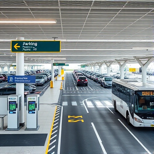 A modern airport parking facility with clear signage, automated payment kiosks, and a shuttle bus transporting passengers to the terminal, showing efficient traffic flow and minimal congestion, daytime, clean and organized layout