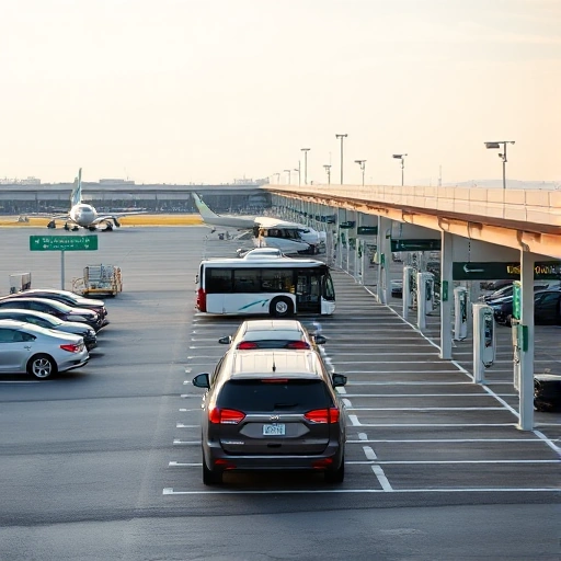 A calm and organized airport parking scene with clear signage, spacious parking spots, electric vehicle charging stations, and a shuttle bus arriving smoothly, all under soft daylight with minimal congestion and no visible stress on travelers