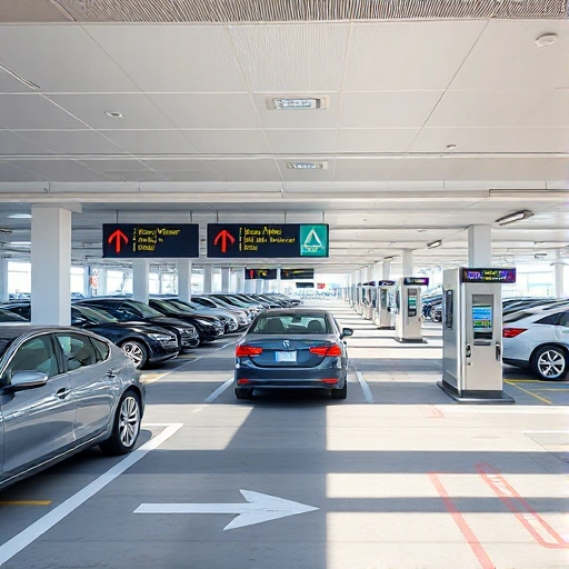 A modern airport parking area with clear signage for express check-out, featuring cars parked in designated zones, a digital display showing exit times, and a smooth flow of vehicles toward an automated payment booth, all under bright daylight with a clean, minimalist design
