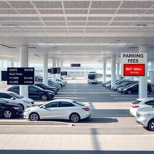 A modern airport parking lot with clear signage showing discounted rates, cars parked in organized rows, a shuttle bus nearby, and a digital display highlighting 'Best Deals' on parking fees, all in bright daylight with a clean, professional aesthetic