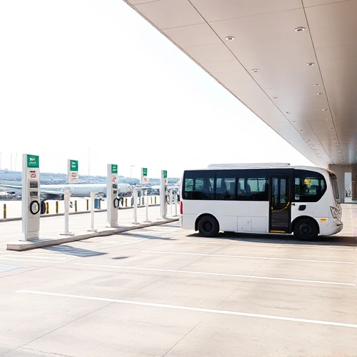 A modern airport express parking area with clear signage, designated short-term parking spots, electric vehicle charging stations, and a sleek shuttle bus waiting to transport passengers to the terminal, under bright daylight with clean architectural lines and minimal clutter