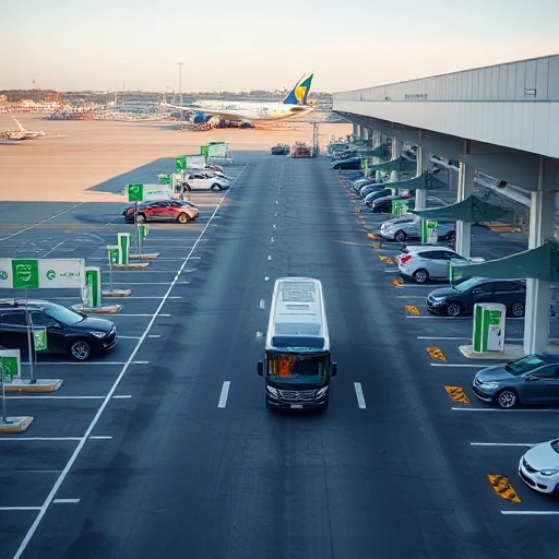 A calm and organized airport parking area with clear signage, spacious parking spots, electric vehicle charging stations, and a shuttle bus arriving to transport passengers to the terminal, under soft daylight with minimal congestion and no visible stress or chaos