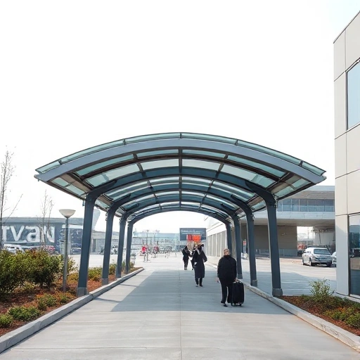 A modern covered walkway connecting an airport terminal to a parking structure or satellite building, featuring a sleek glass and steel canopy with integrated lighting, smooth concrete flooring, and subtle landscaping along the sides; travelers with luggage walk calmly under the cover, no vehicles visible, clear daytime sky, minimalist architectural design, no signage or text
