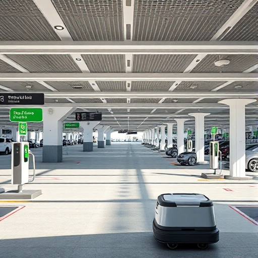 A modern airport parking area with clear signage, electric vehicle charging stations, and automated luggage delivery robots transporting suitcases from cars to terminal entrances, under bright daylight with sleek architecture and minimalist design