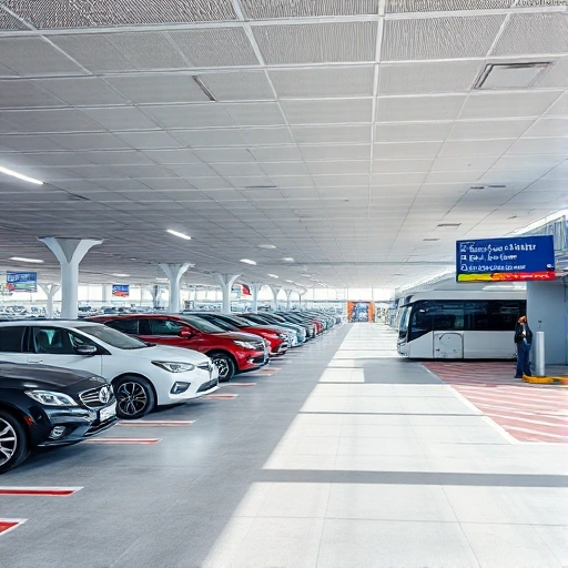 A modern airport parking area with clear signage, multiple cars parked in organized rows, a shuttle bus arriving at a terminal entrance, and a digital display showing real-time parking availability, all under bright daylight with clean lines and minimal clutter