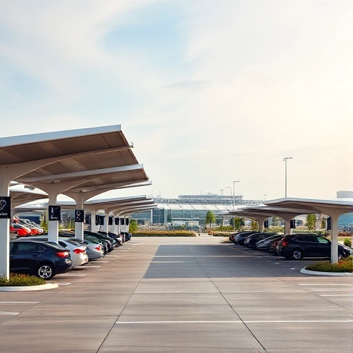 A modern airport parking area with covered drop-off points, featuring sleek canopies over designated zones for passenger drop-off and pickup, vehicles such as sedans and SUVs parked under the shelters, clear signage, well-lit pathways, and a clean, organized layout with subtle landscaping and distant terminal buildings in the background
